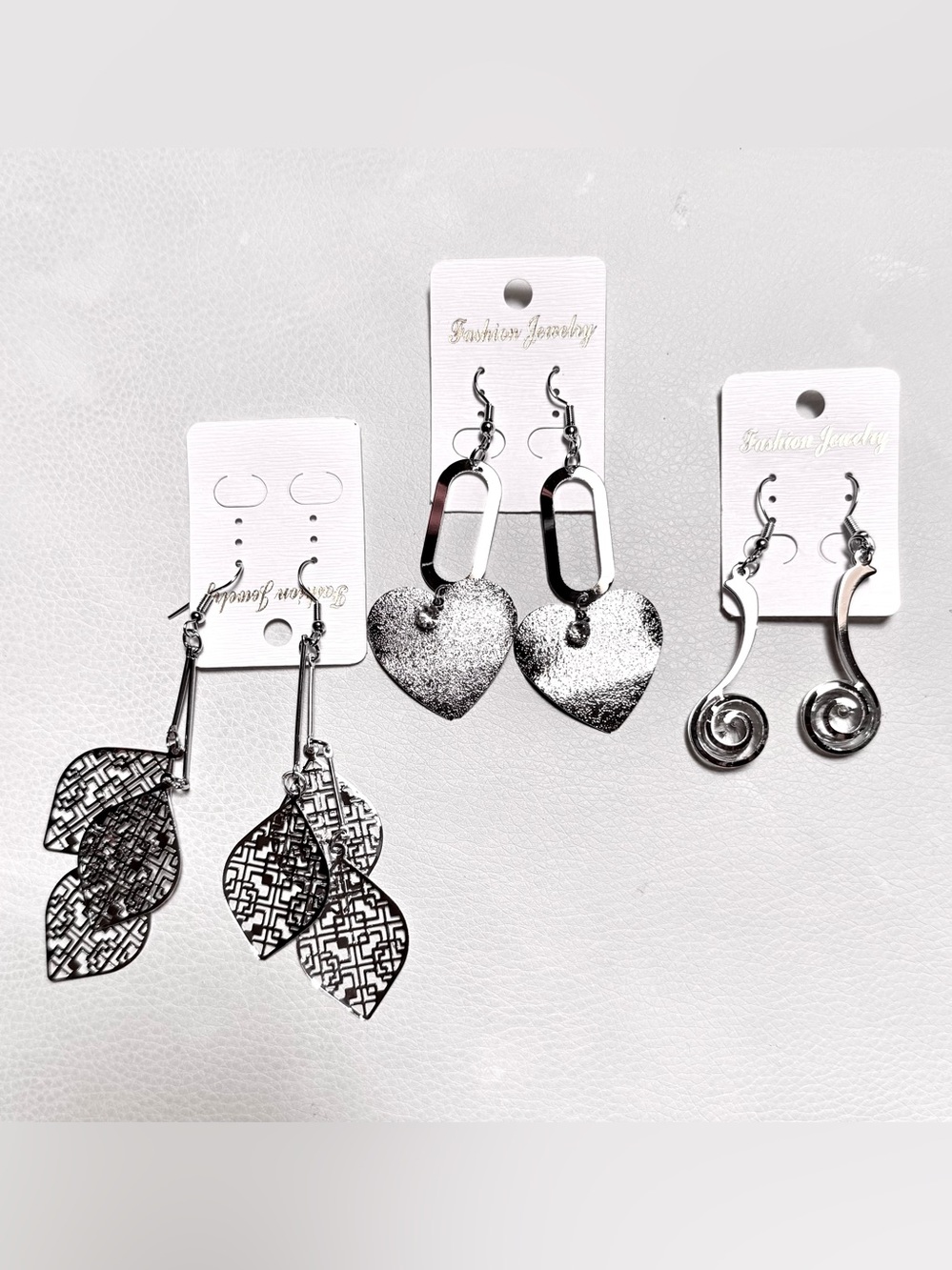 Lot of 3 Pairs - Silver Tone Drop Earrings with Lacy Leaf Design Crystal Accents